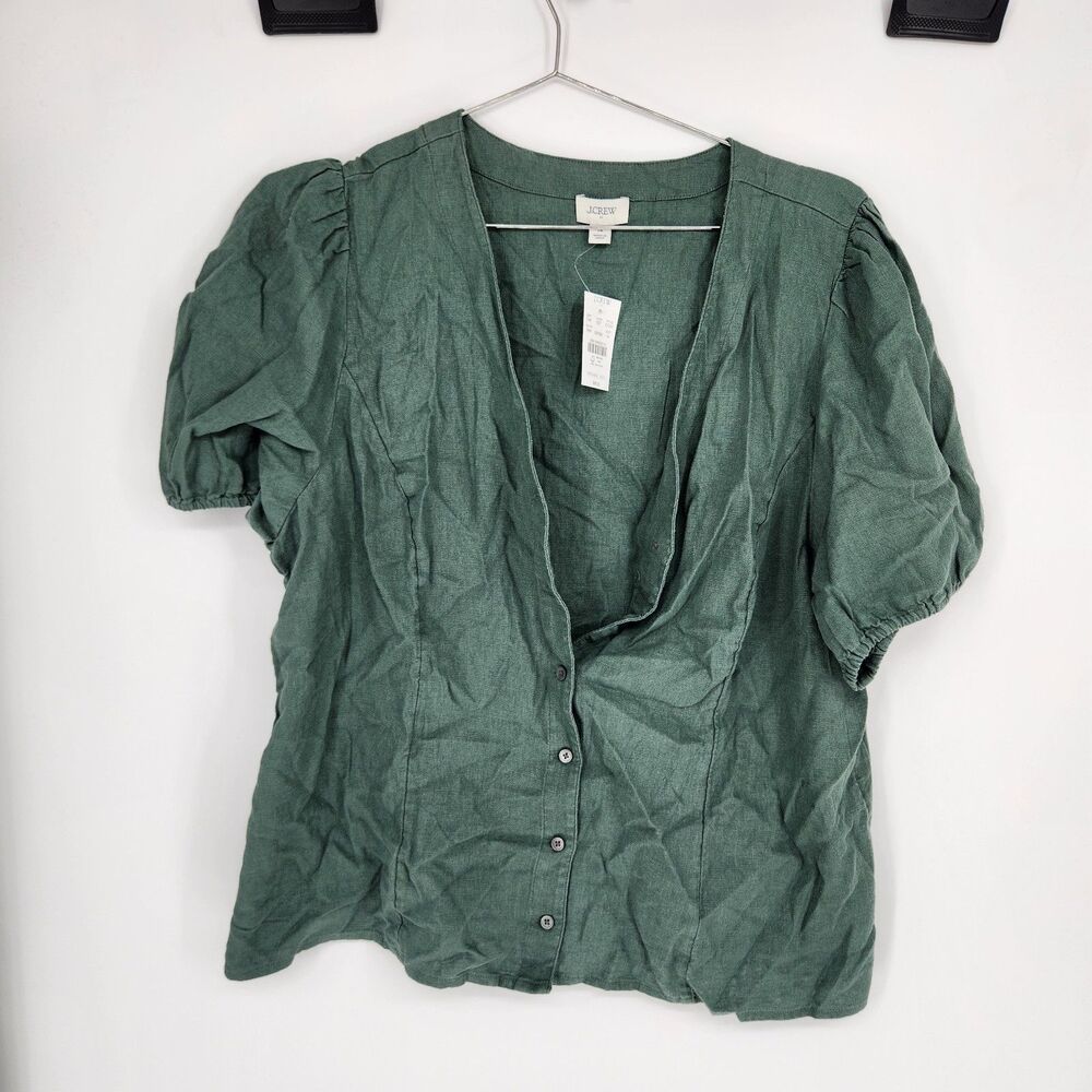J.Crew Women's Size 14 Green Linen Blend Button Up Top NWT